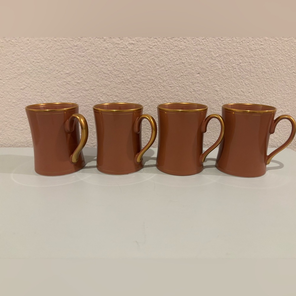 Set of 4 Fitz and Floyd Pavillon sandalwood brown and gold coffee mugs, 3.75”